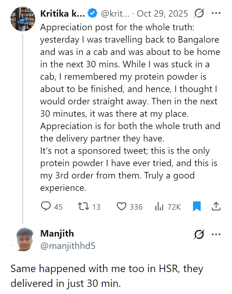 Post on X from Kritika, 29 October 2025: an appreciation post for The Whole Truth — stuck in a cab back to Bangalore she remembered her protein powder was about to run out, ordered straight away, and it was at her place within 30 minutes. She credits both the brand and its delivery partner, and notes it is not a sponsored tweet and her third order from them. Reply from Manjith: “Same happened with me too in HSR, they delivered in just 30 min.”